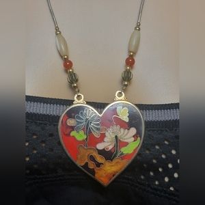 Vintage Enamel Cloisonne Floral Heart Pendant